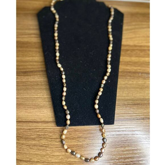 Long Brown Genuine Pearl Necklace Beaded Knotted Chocolate Golden 36 Inch - Picture 2 of 3
